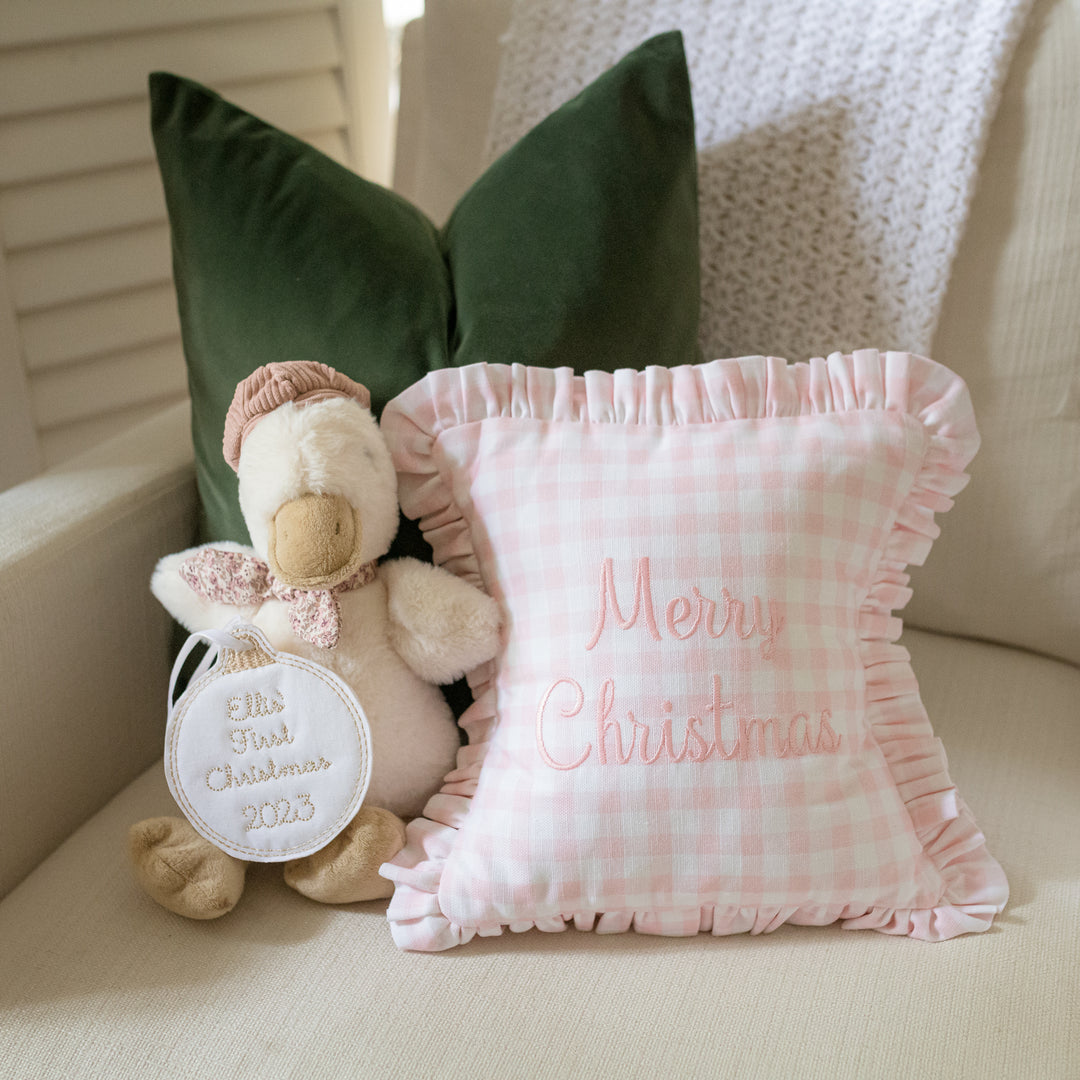 Merry Christmas Pillow in Little Pink Check