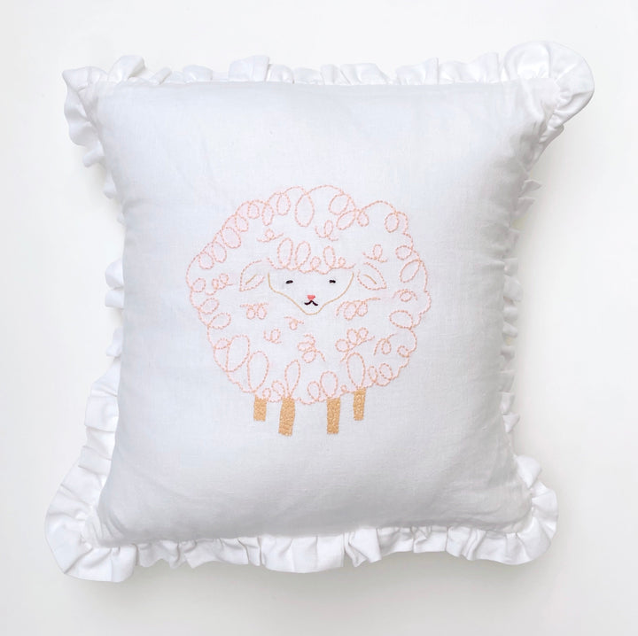 Hand Embroidered Pink Lamb Pillow