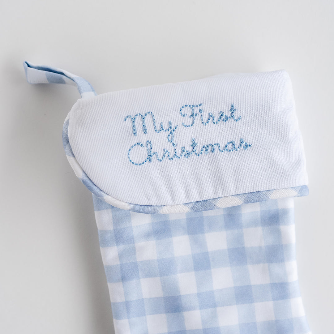 My First Christmas Stocking in Little Blue Check