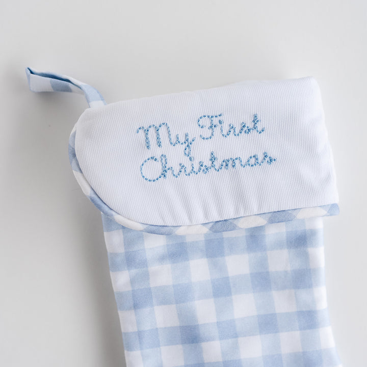 My First Christmas Stocking in Little Blue Check