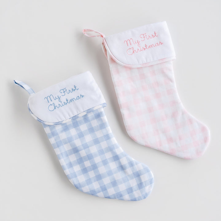 My First Christmas Stocking in Little Blue Check
