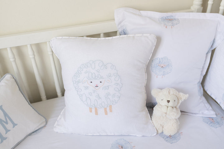 Hand Embroidered Blue Lamb Pillow