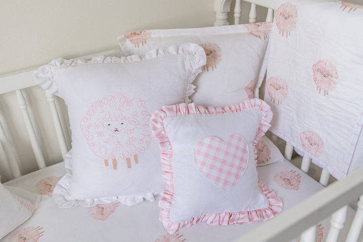 Hand Embroidered Pink Lamb Pillow