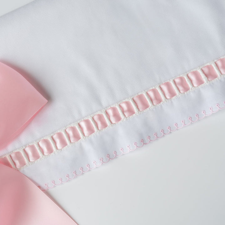 White Pique Crib Rail Topper with Pink Ribbon