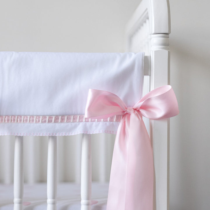 White Pique Crib Rail Topper with Pink Ribbon