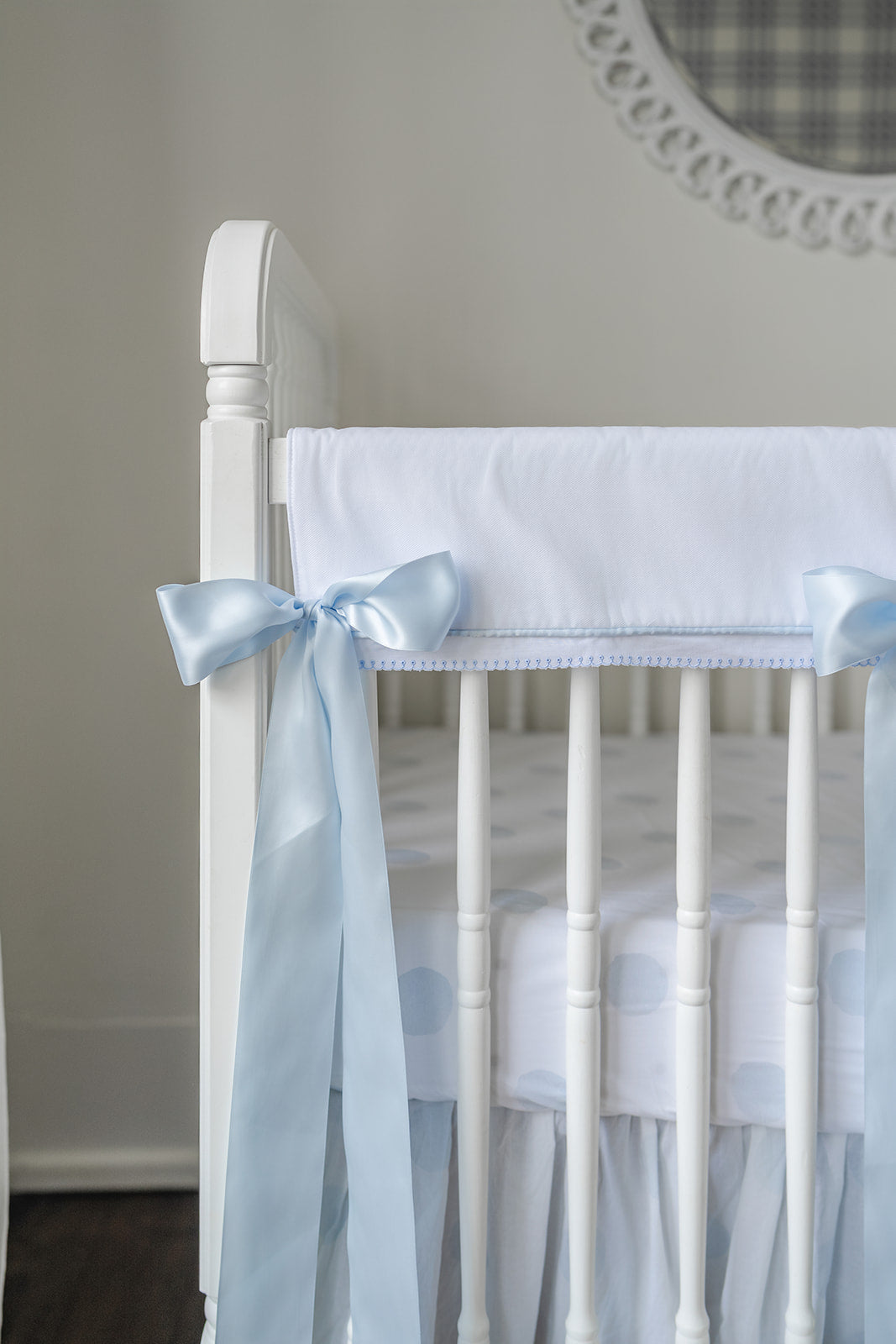White Pique Crib Rail Topper with Blue Ribbon