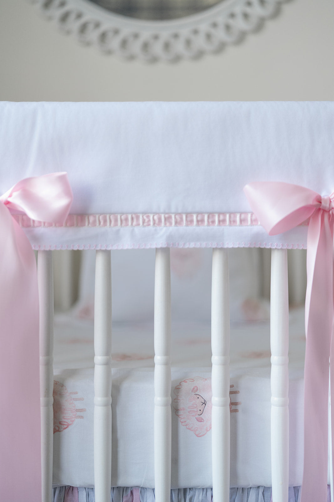 White Pique Crib Rail Topper with Pink Ribbon