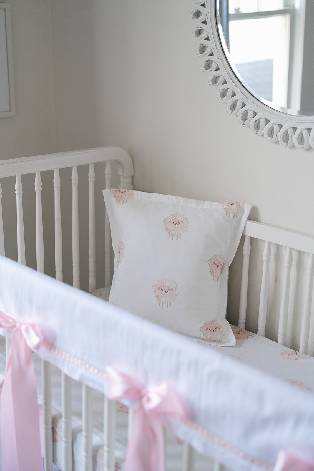 White Pique Crib Rail Topper with Pink Ribbon