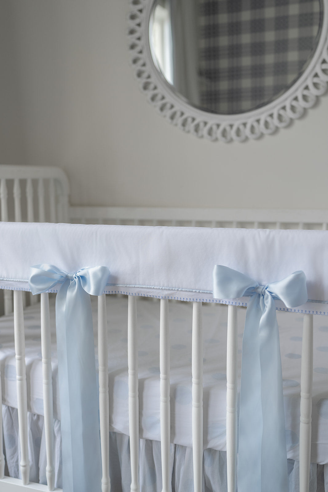 White Pique Crib Rail Topper with Blue Ribbon