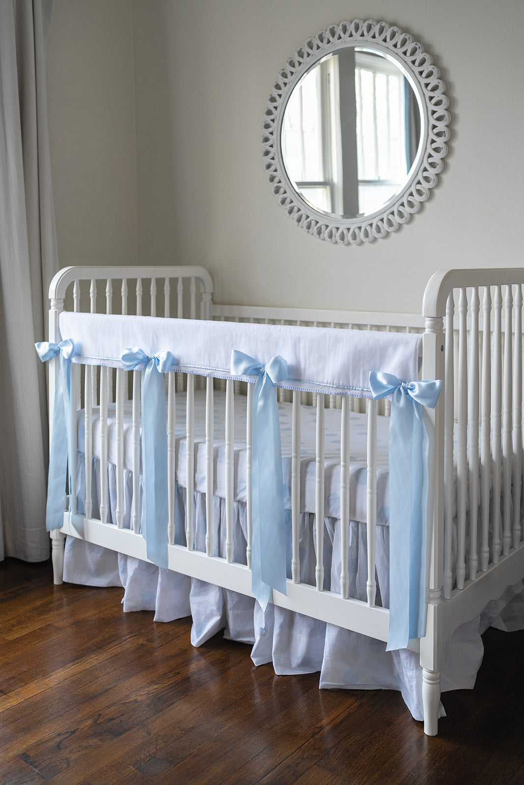 White Pique Crib Rail Topper with Blue Ribbon