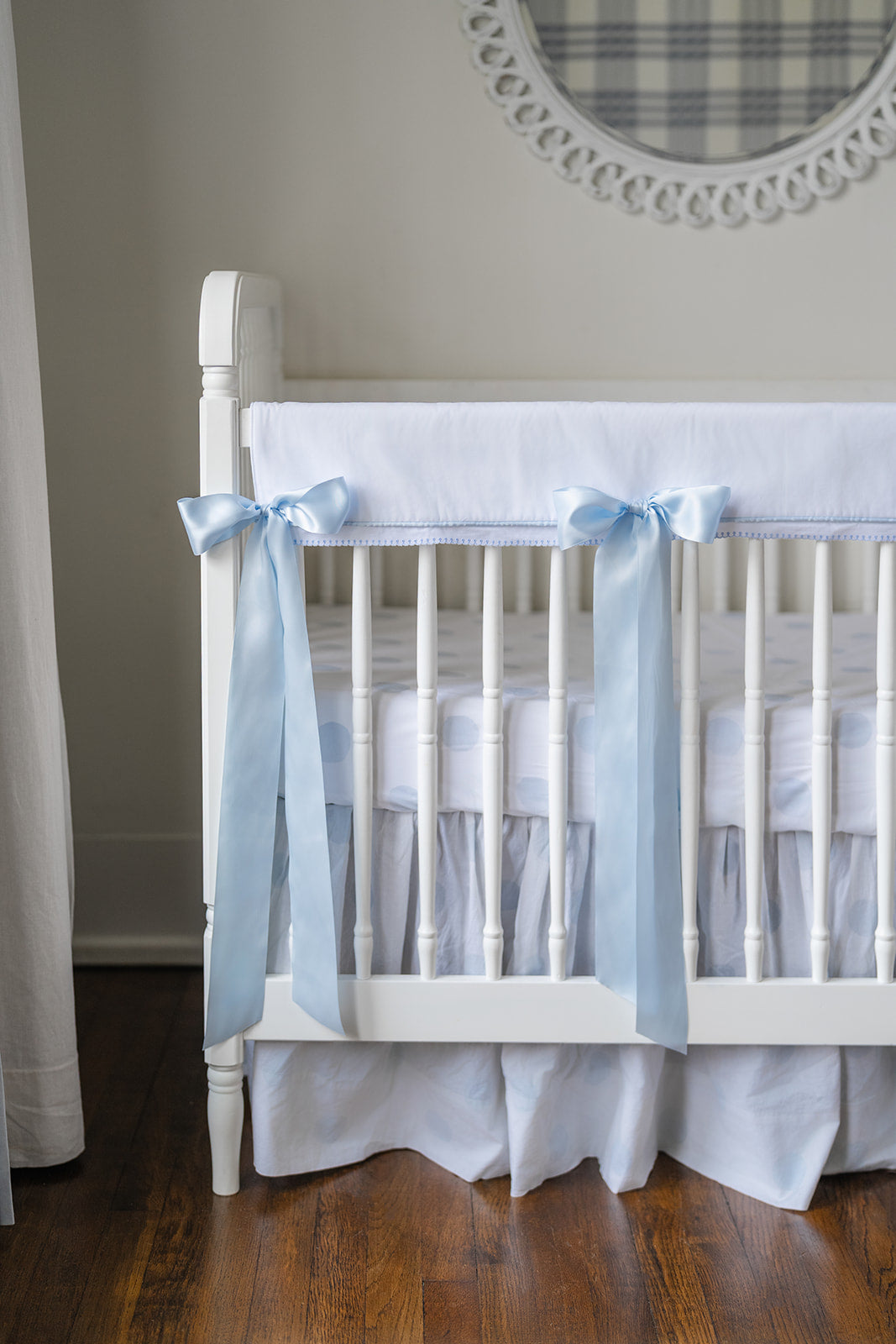 White Pique Crib Rail Topper with Blue Ribbon