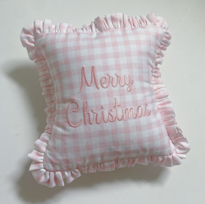 Merry Christmas Pillow in Little Pink Check