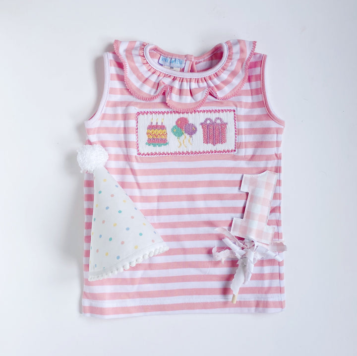 Birthday Girl Smocked Shirt - Pink Stripe